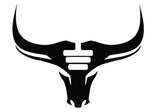 Black silhouette of a bull's head with long horns on a white background